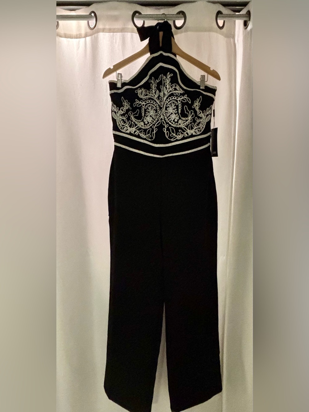 Black Halter Jumpsuit with White Embroidered Bodice from WHBM